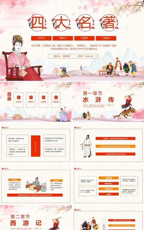四大名著称四大小说三国演义西游记水浒传红楼梦中国古典章回小说动态PPT模板