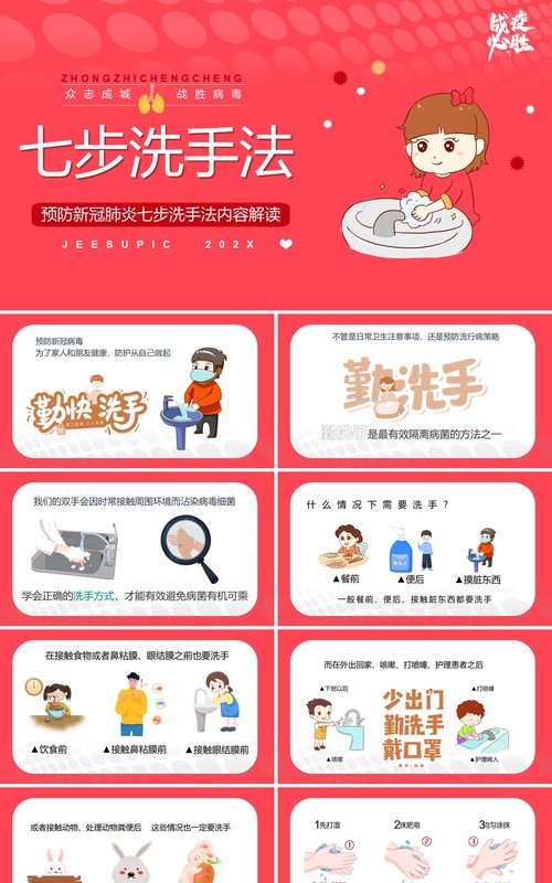 卡通风七步洗手法儿童教育PPT模板