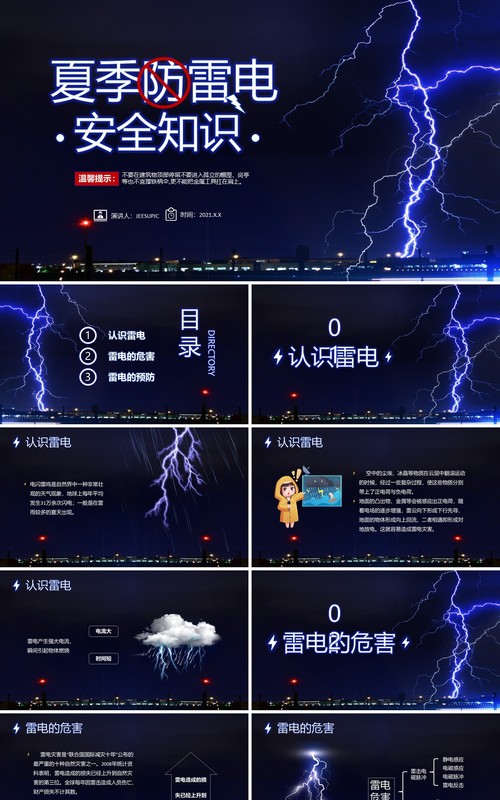 蓝色简约风夏季防雷电安全知识教育PPT模板模板