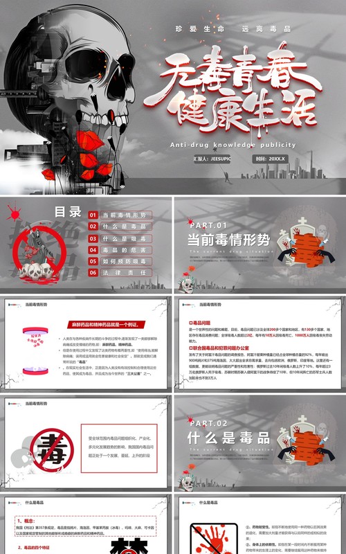 灰色卡通风无毒青春健康生活PPT模板