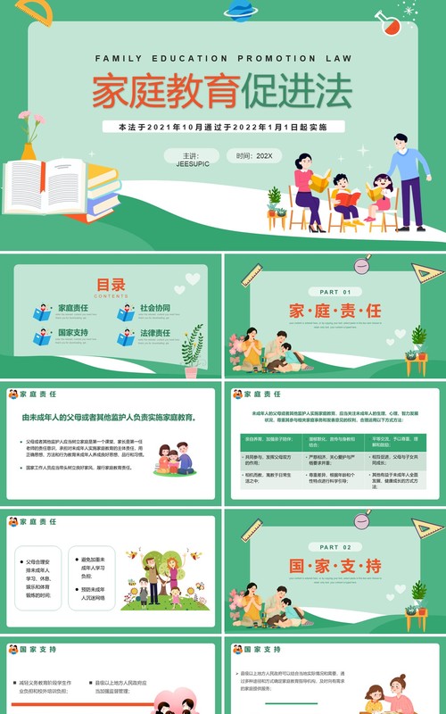 绿色卡通家庭教育促进法PPT模板