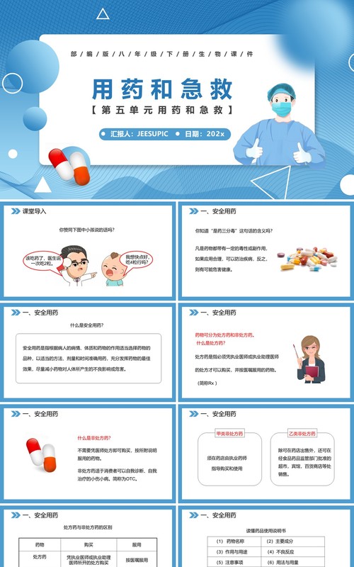 部编版八年级生物下册用药和急救课件PPT模板