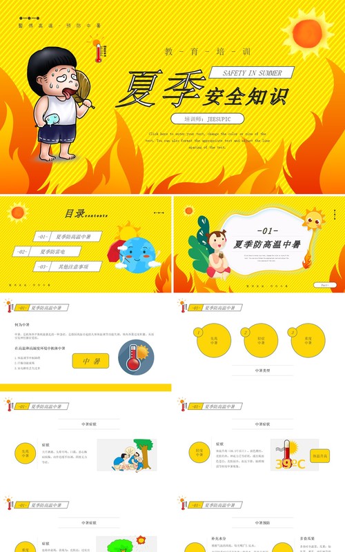 黄色简约卡通风夏季高温安全知识PPT模板