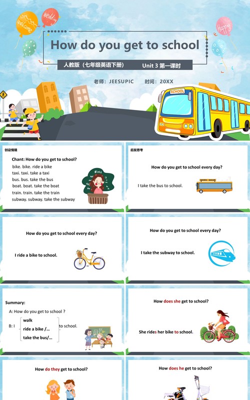 人教版七年级英语下册How do you get to school课件PPT模板