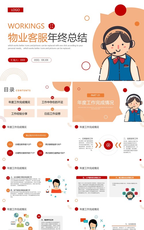 橙色插画风物业客服年终总结PPT模板