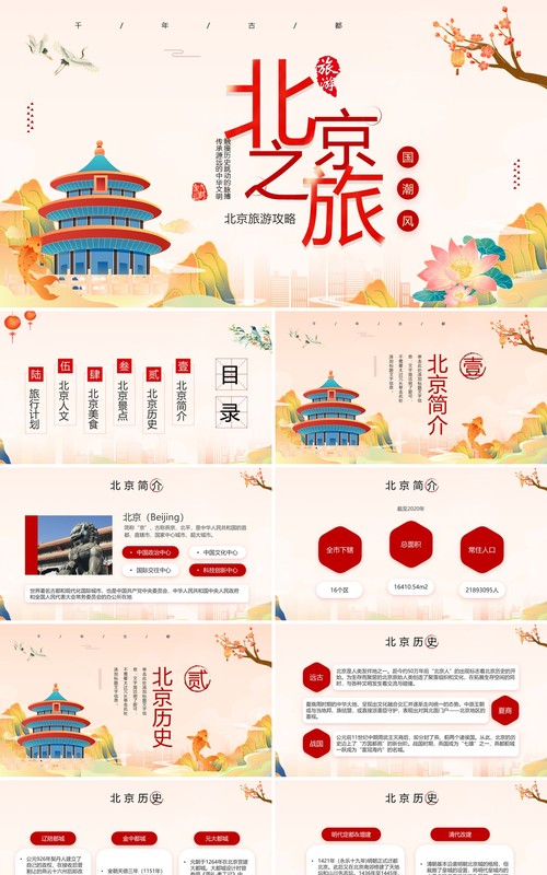 红色国潮风北京旅游景点介绍PPT模板