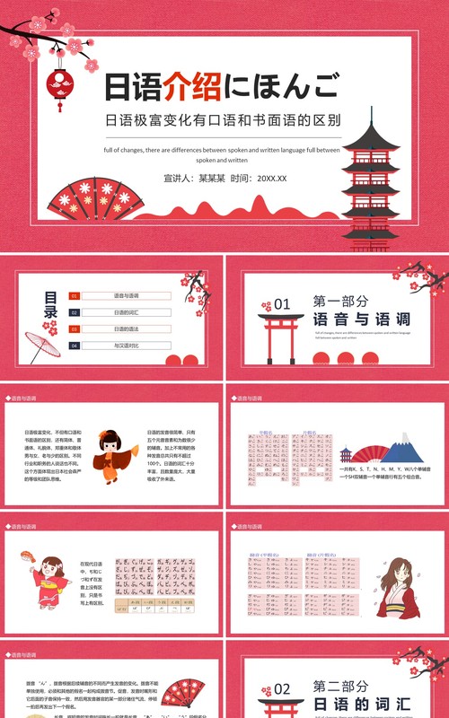 日语介绍日语极富变化有口语和书面语的区别动态PPT模板