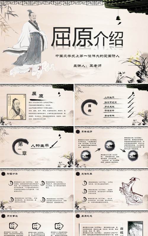 端午节纪念爱国诗人屈原主题介绍PPT模板