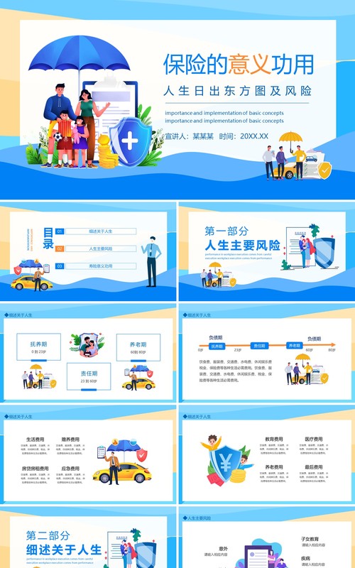 保险的意义功用人生日出东方图及风险动态PPT模板