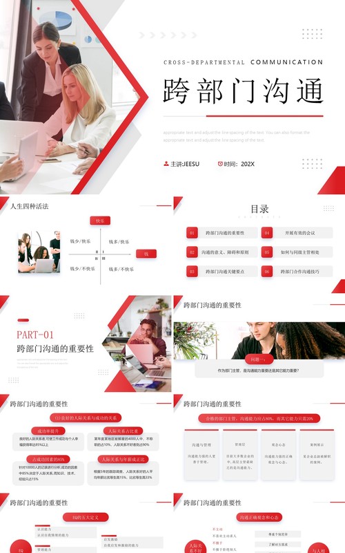 红色简约风跨部门沟通企业培训PPT模板