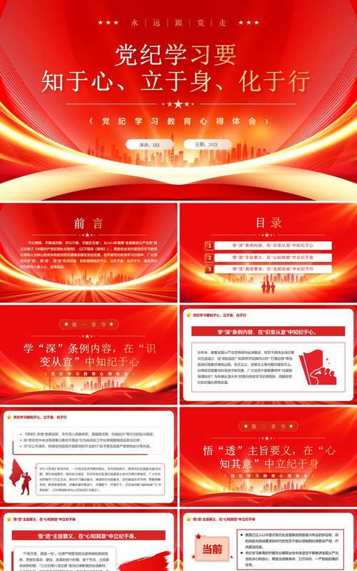 红色简约风党纪学习要知于心立于身PPT模板