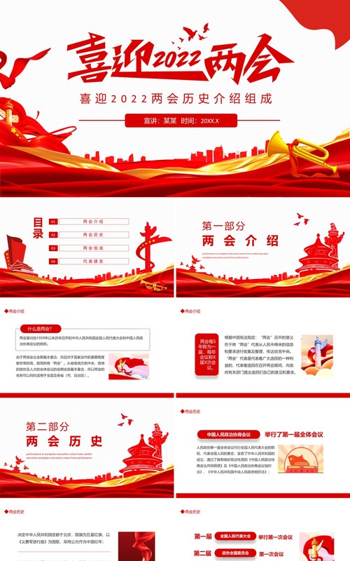 喜迎2022两会历史介绍组成动态PPT模板