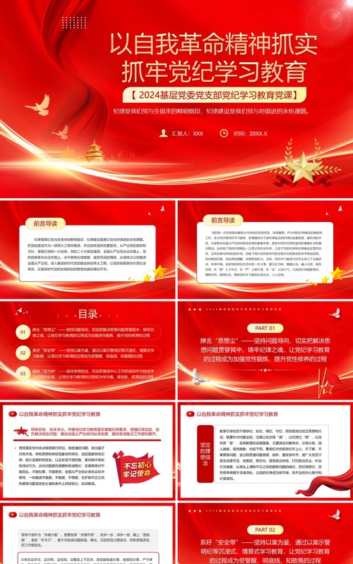 红色以自我革命精神抓牢党纪学习教育PPT模板