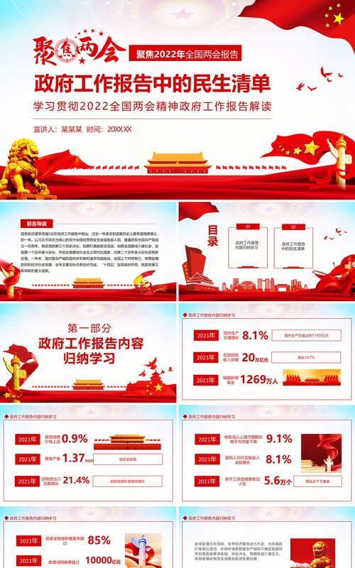 聚焦两会学习贯彻2022全国两会精神政府工作报告解读动态PPT模板