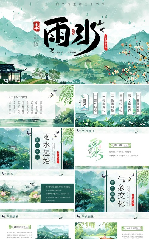 绿色中国风传统二十四节气之雨水PPT模板