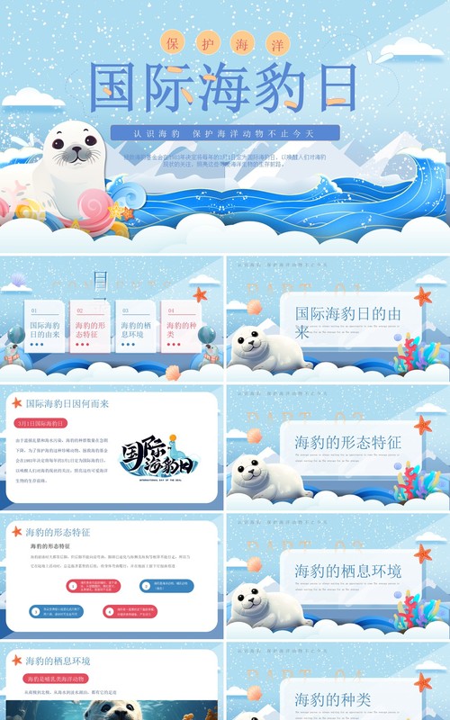 蓝色卡通风世界海豹日介绍PPT模板
