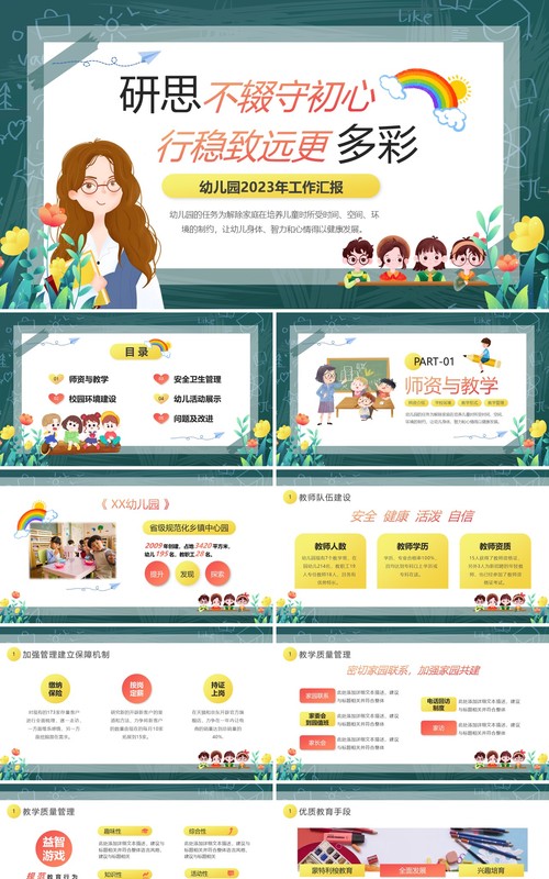 绿色卡通风幼儿园2023年工作汇报PPT模板