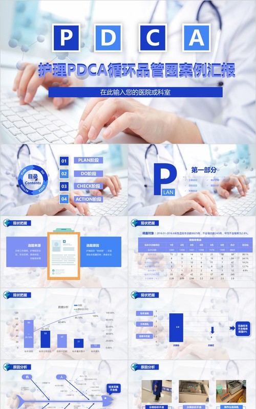蓝色简约医院护理pdca循环品管圈案例汇报PPT模板