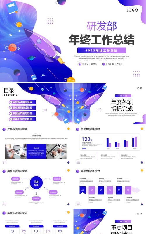 蓝紫渐变简约风研发部年终工作总结PPT模板