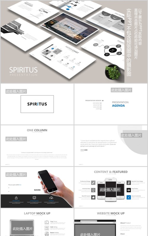 高端灰色简约公司宣传介绍图片排版设计PPT模板素材SPIRITUS Powerpoint