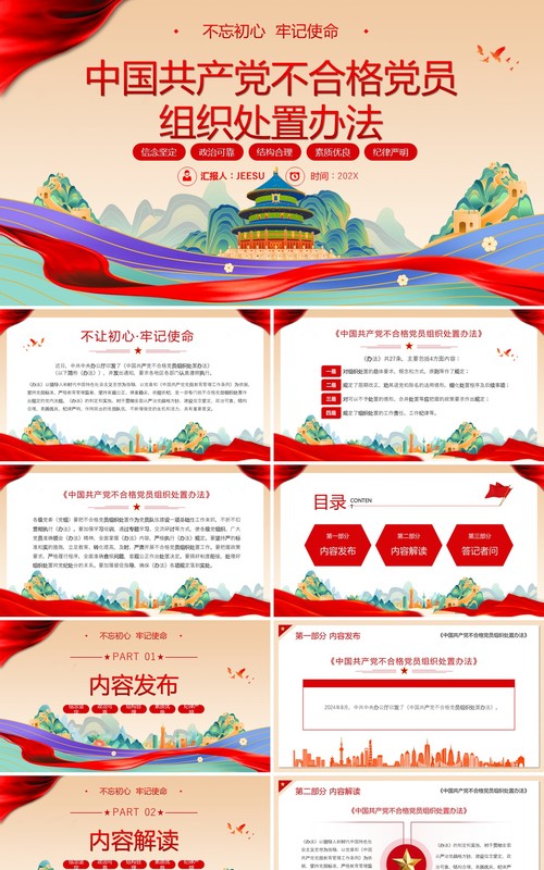 红色国潮风不合格党员组织处置办法PPT模板