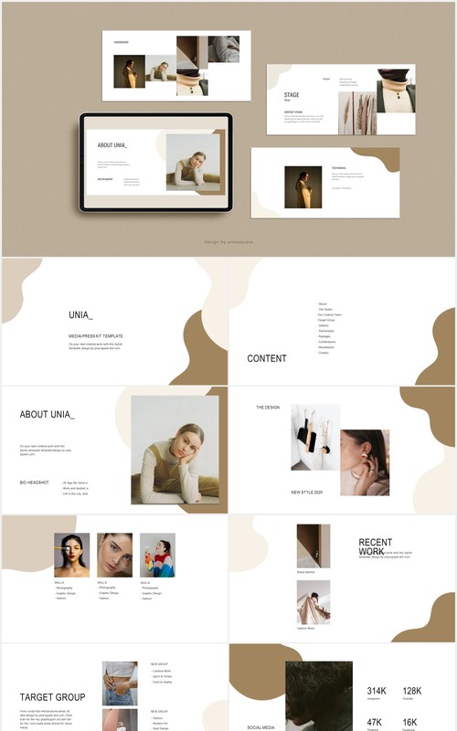 简约小清新图文展示PPT模板UNIA - Media Press Kit Powerpoint Template