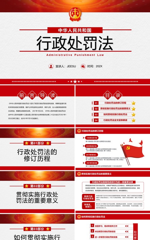 红色简约行政处罚法解读PPT动态模板