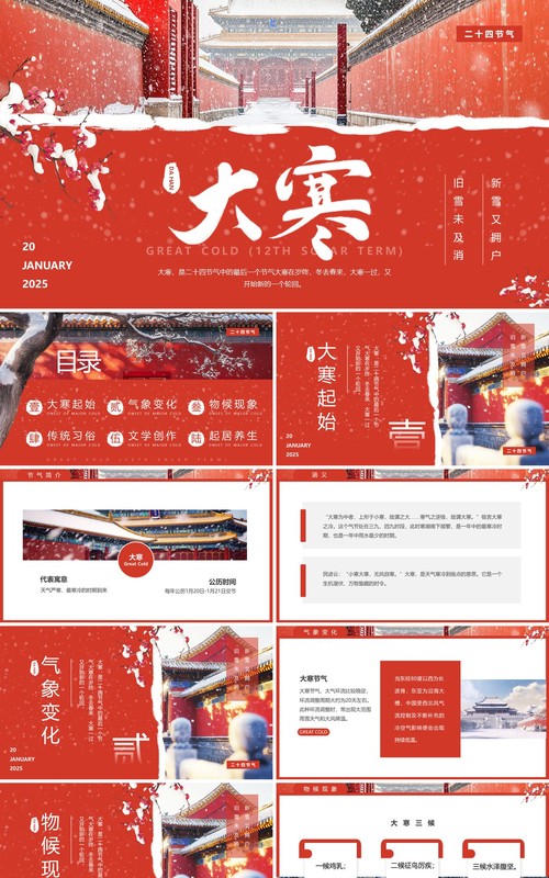 红色中国风二十四节气之大寒介绍PPT模板