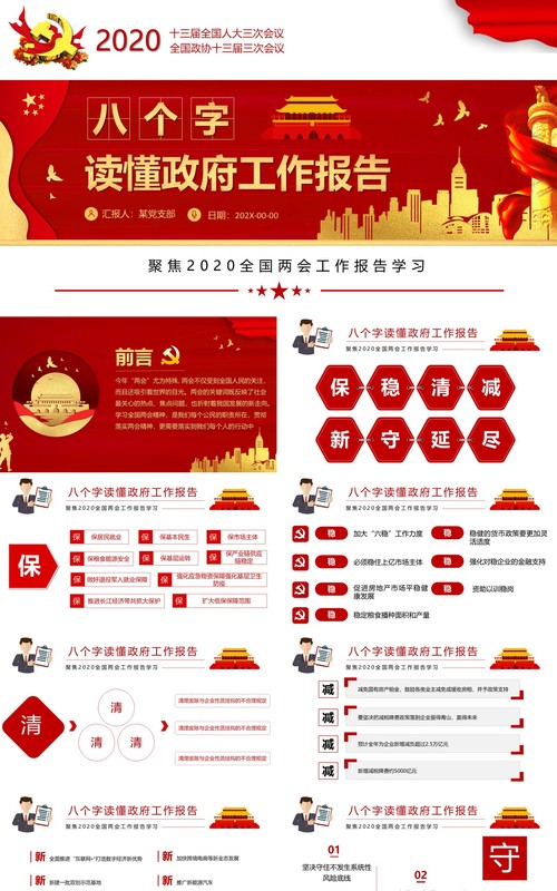 2020全国两会政府工作报告总结党建学习PPT模板