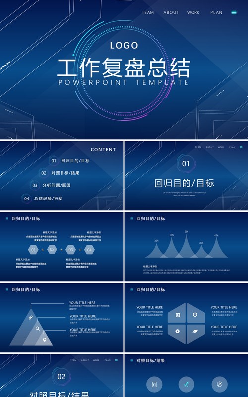 蓝色科技风工作复盘总结汇报PPT模板