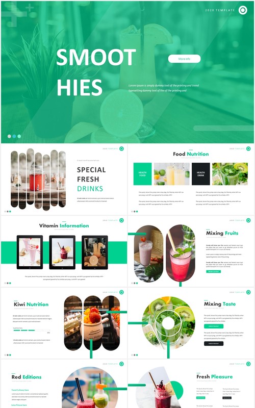 绿色圆角圆形饮品图片排版国外PPT模板Smooth Hies Template