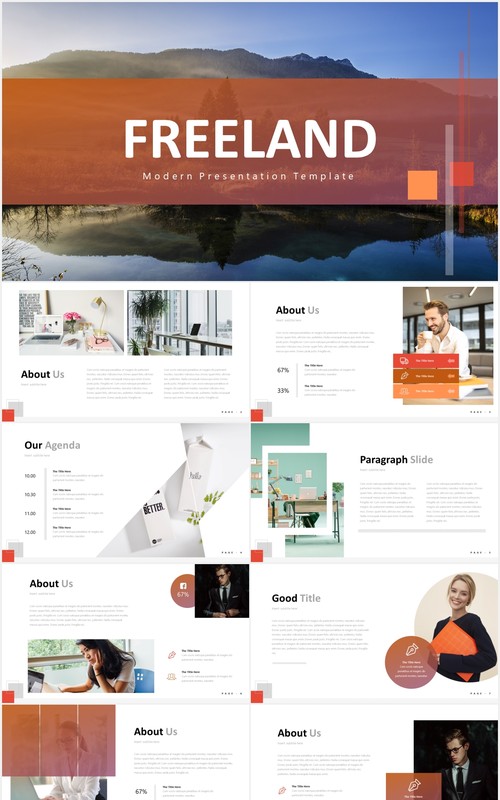 红色简约国外PPT图片排版图表模板freeland powerpoint template