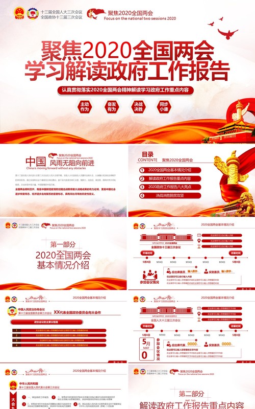 聚焦2020年全国两会学习解读政府工作报告党建PPT模板