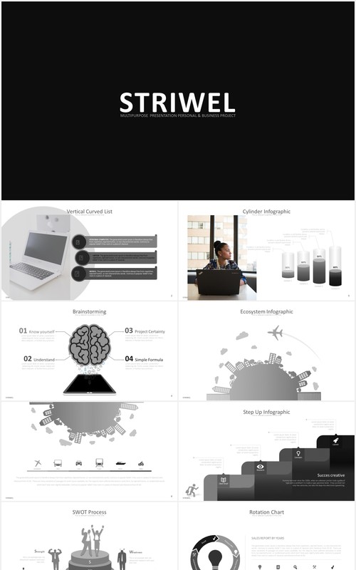 黑白灰简约商务可视化工作阶梯图表PPT模板striwel powerpoint