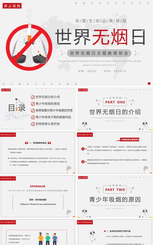 红灰简约世界无烟日主题班会PPT模板