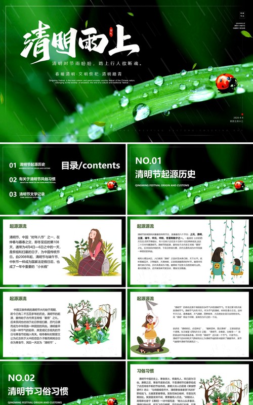 绿色摄影风清明节起源主题班会PPT模板