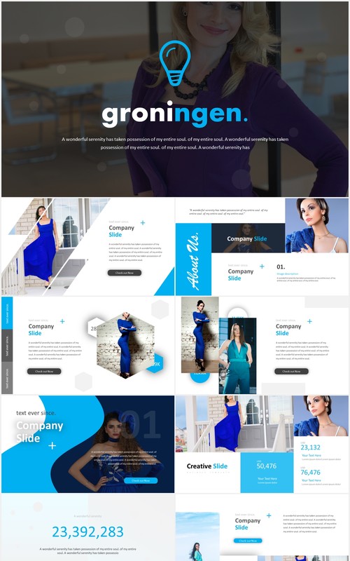 简约蓝色国外图片排版PPT模板Groningen Powerpoint Template