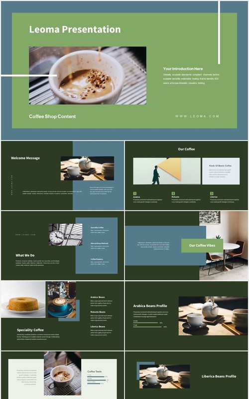 绿色商业咖啡店宣传介绍PPT模板Leoma-Coffee Shop Powerpoint