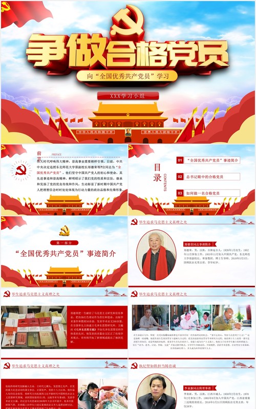 争做合格党员向全国优秀共产党员学习党建党课PPT模板
