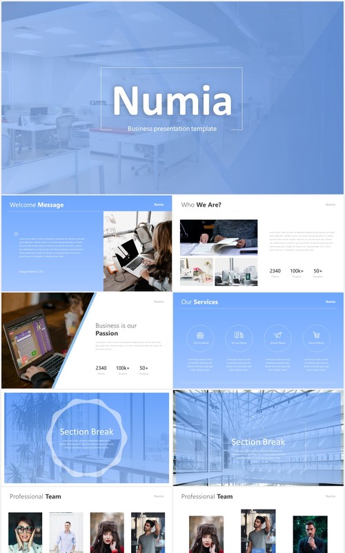 蓝色简约工作报告总结公司宣传PPT模板Numia - Blue