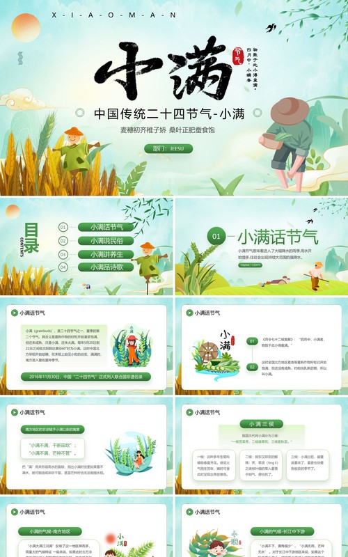 绿色卡通风中国传统二十四节气之小满PPT模板