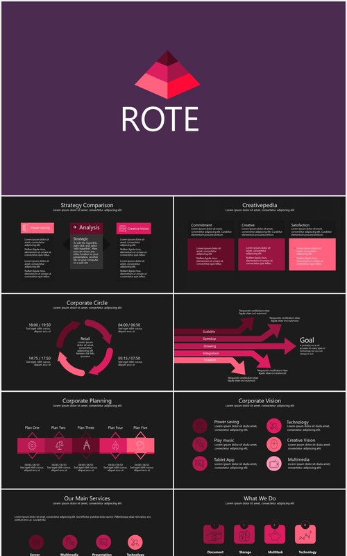 深色商务金字塔箭头流程图信息图表PPT模板素材rote powerpoint template