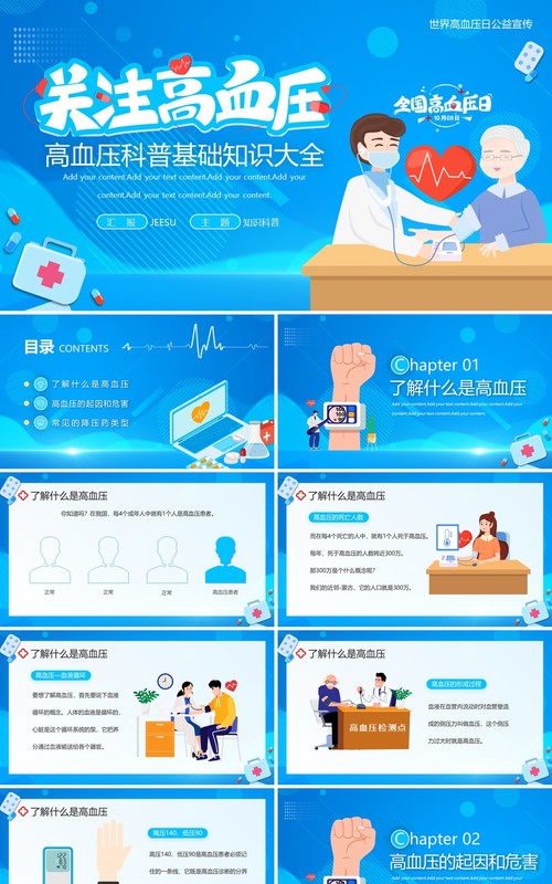 蓝色卡通风国际高血压日科普PPT模板