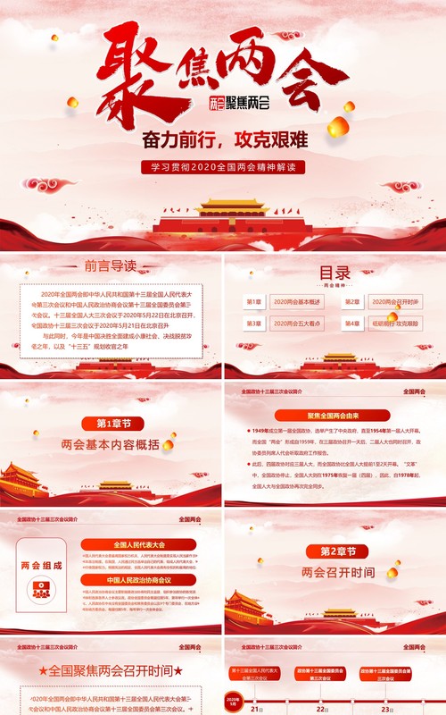 聚焦两会政府工作报告总结内容学习党建PPT模板