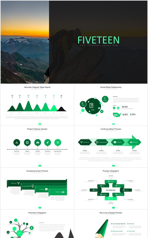 绿色简约商务箭头阶梯流程图图表PPT模板素材fifteen powerpoint template