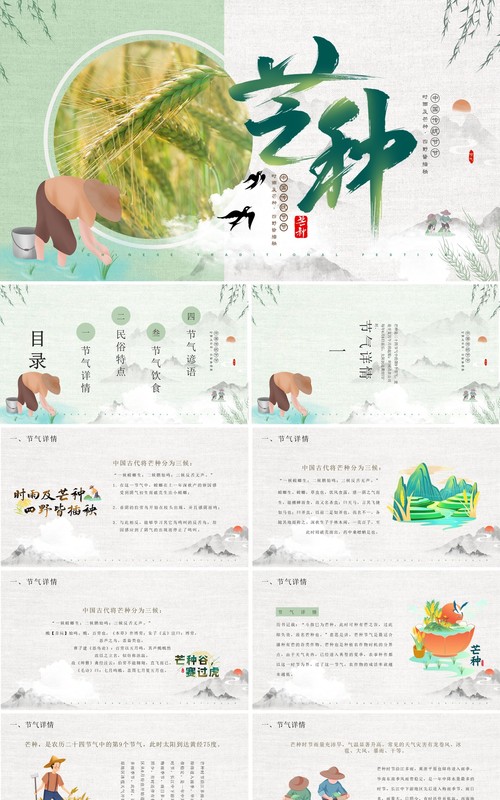 绿色中国风二十四节气之芒种介绍PPT模板