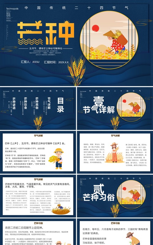 创意简约卡通小清新二十四节气芒种PPT模板