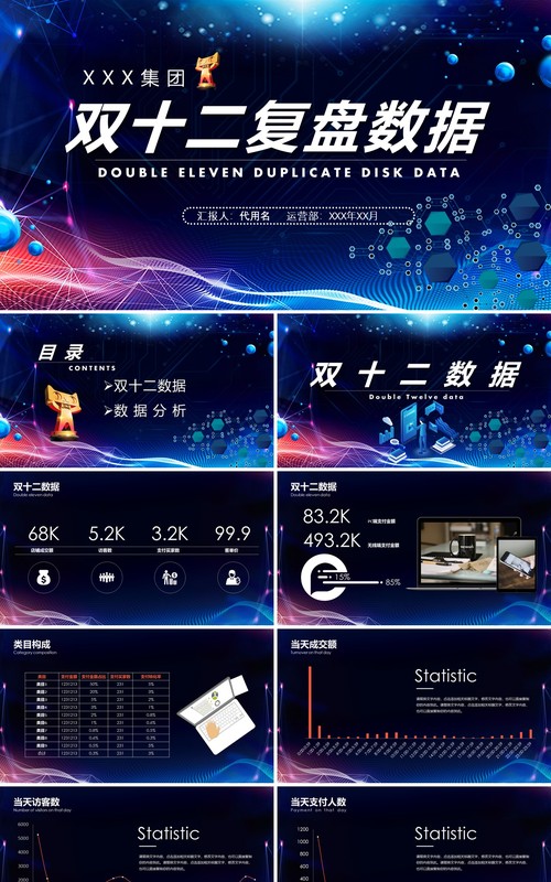 深色双十二活动复盘工作数据分析PPT模板