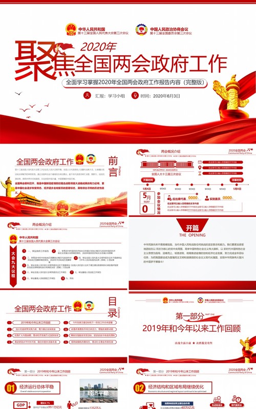 聚焦全国两会政府工作报告总结学习PPT模板党建党政