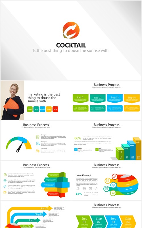 多彩商务工作总结汇报信息图表PPT模板cocktail powerpoint